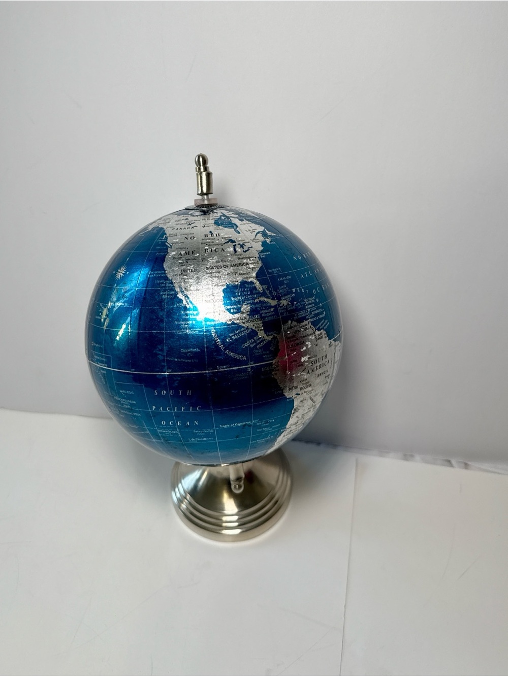 Blue Metallic World Globe Desk Decor with Metal Stand 13 Inch Rotating Earth Map - Picture 7 of 7